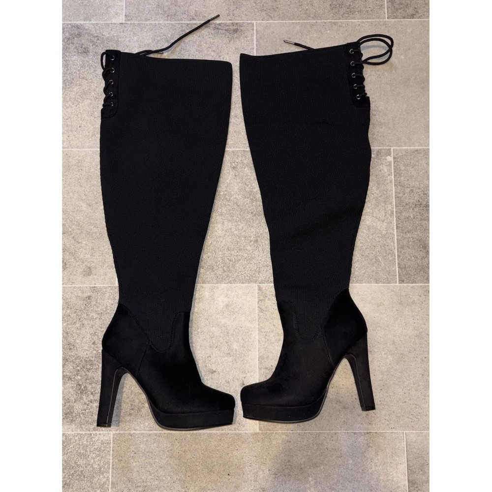 Torrid Women's Black Knee High Platform Boots Round Toe Wide Calf Stretch 7.5